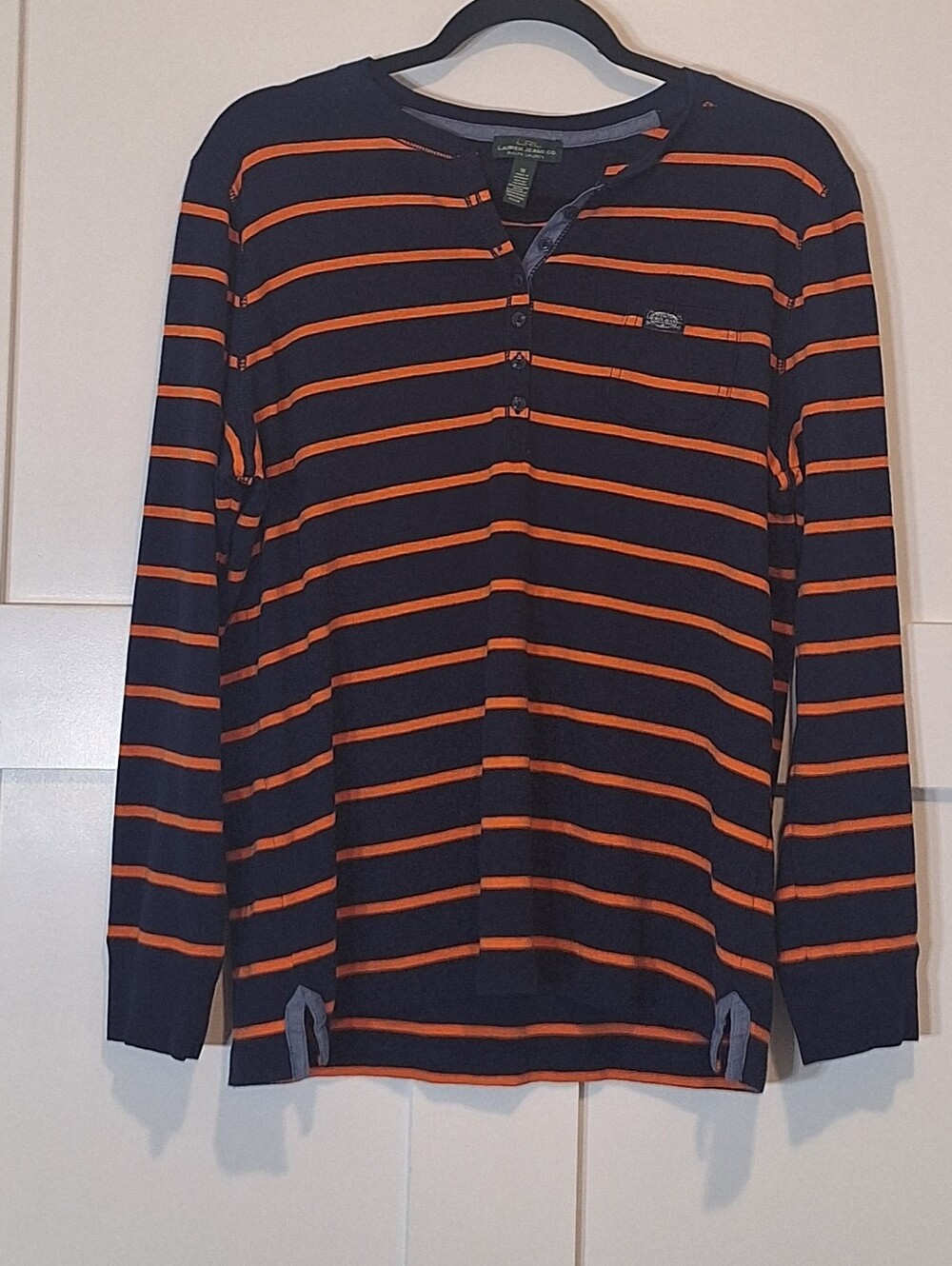 Lauren Ralph Lauren Cotton Henley Shirt Striped Navy Orange Stretch Size 1X